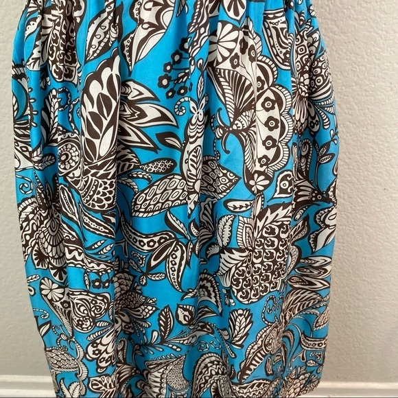 Trina Turk 100% Silk  Blue & Brown Print Dress Elastic Smocked Waist Size 8 - Picture 4 of 11